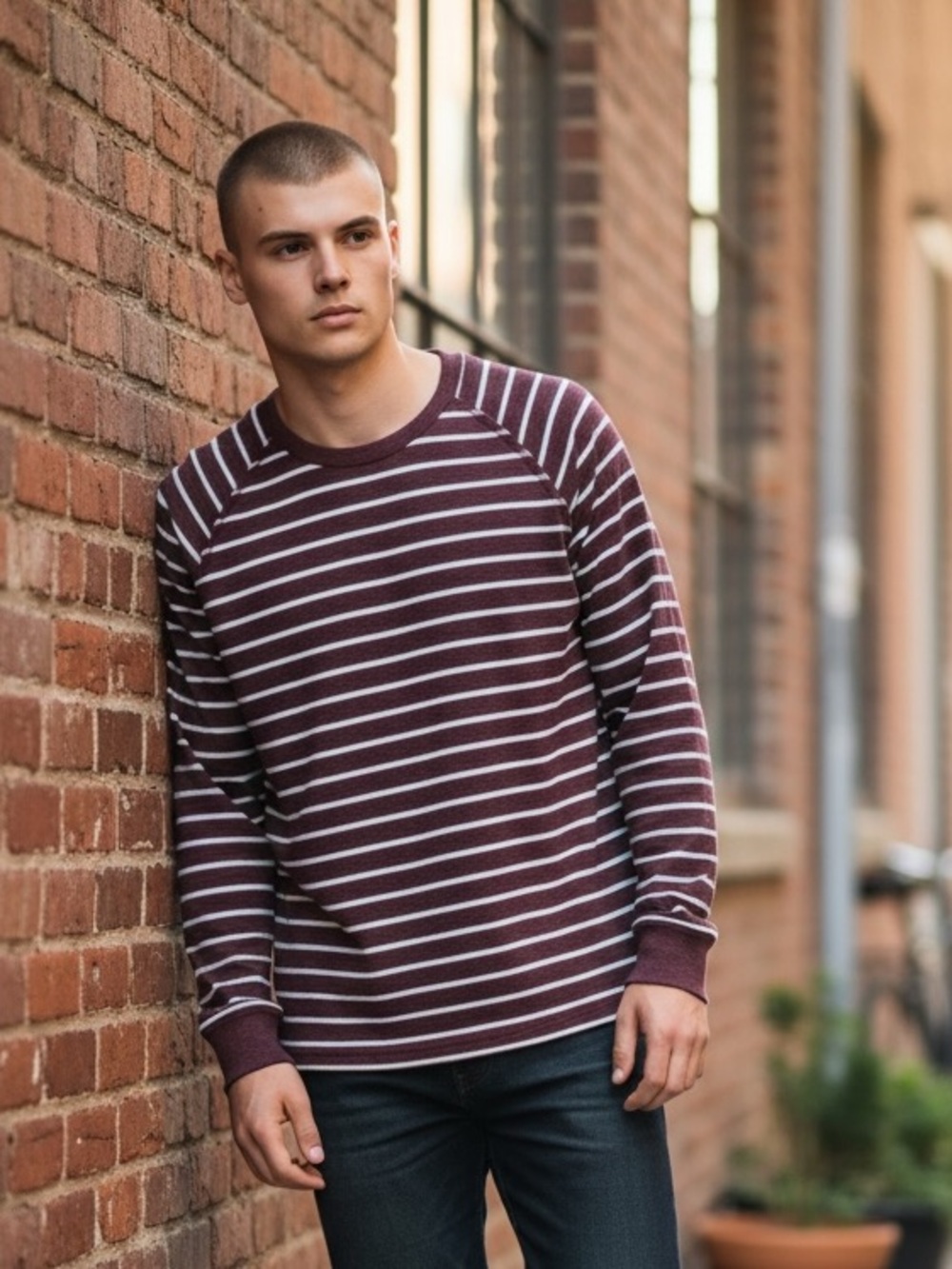 American Rag Men's Maroon & White Striped Long-Sleeve Crewneck